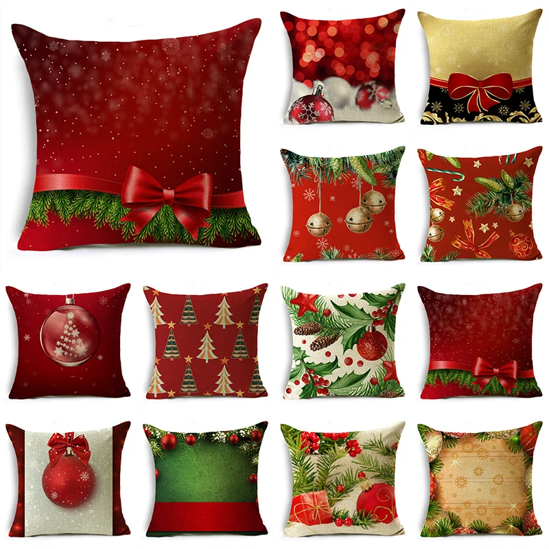 

Merry Christmas Throw Pillow Covers 40/45/50cm Ornament Balls Holly Berry Bells Throw Pillowcase For Sofa Couch Home Decor