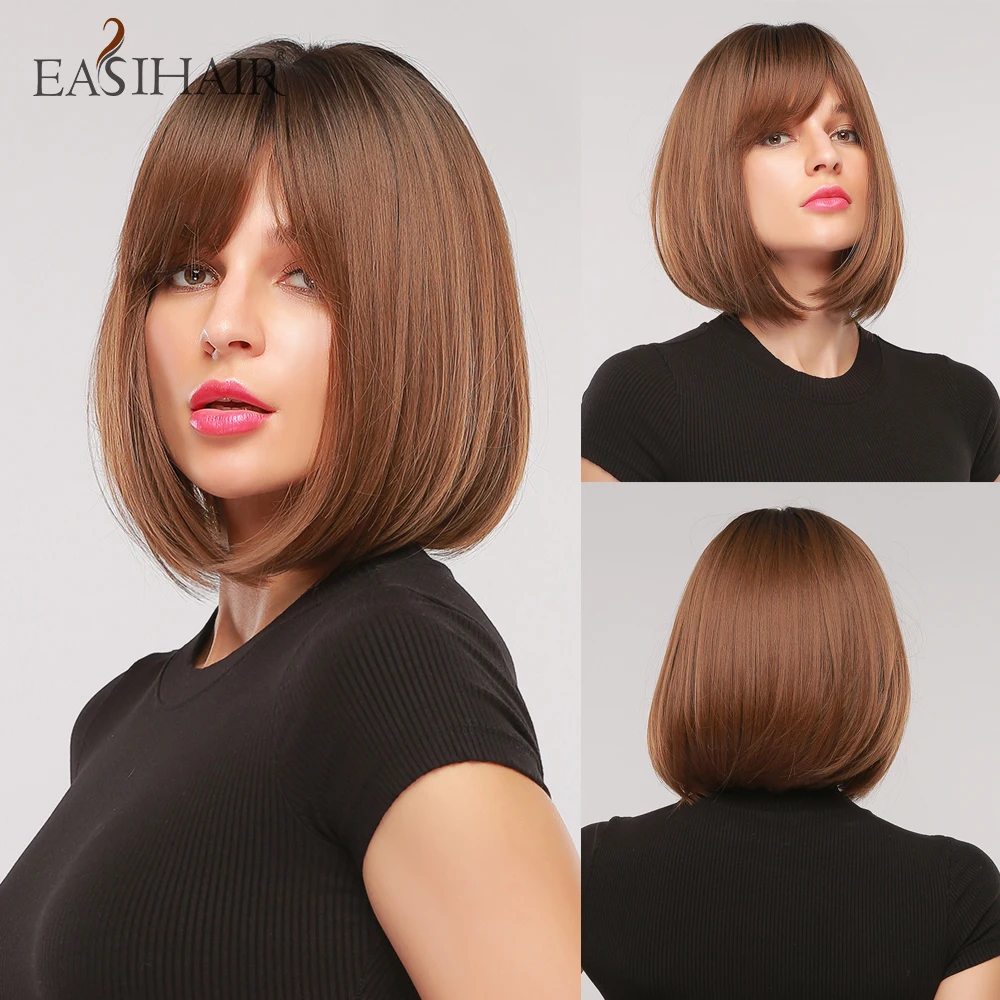 easihair preto reta bob peruca sintética com franja curta loira destaque peruca natural para as mulheres cosplay peruca resistente ao calor