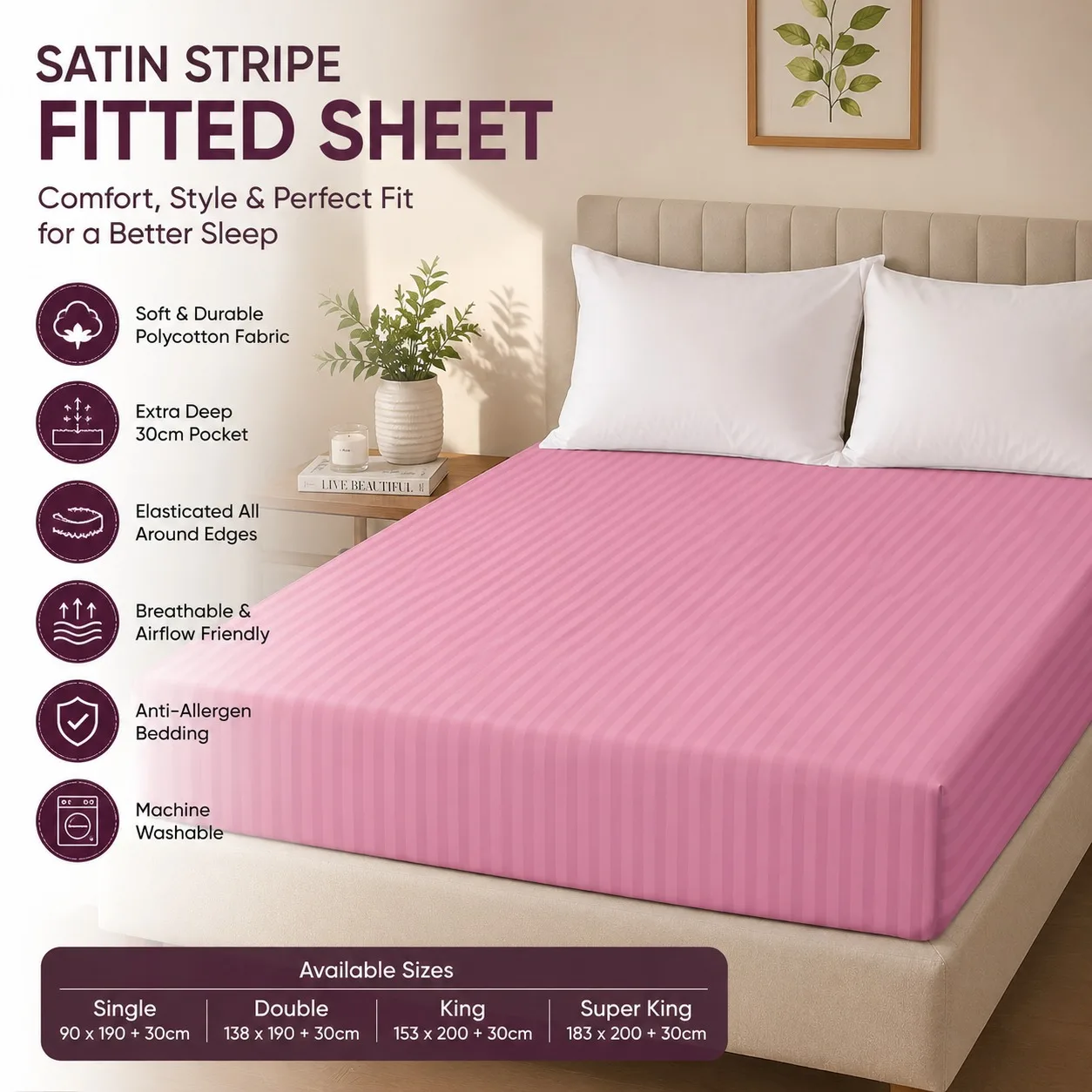 Premium Hotel Quality Satin Stripe Fitted Sheet 30cm Deep Pocket Soft Breathable Polycotton Elasticated Bed Sheet