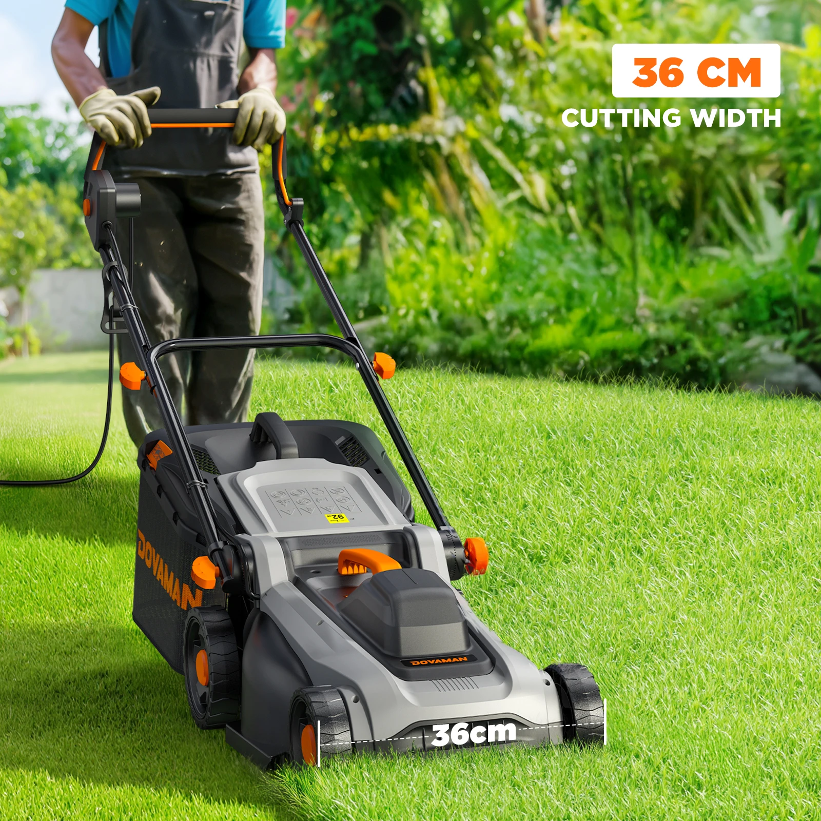 Tosaerba Elettrico DOVAMAN 1500W, Taglio 36cm, Raccolta 95%, 6 Impostazioni Altezza, Cesto Raccoglierba 40L, Funzione 2-in-1 Mulching e Raccolta - immagine 3