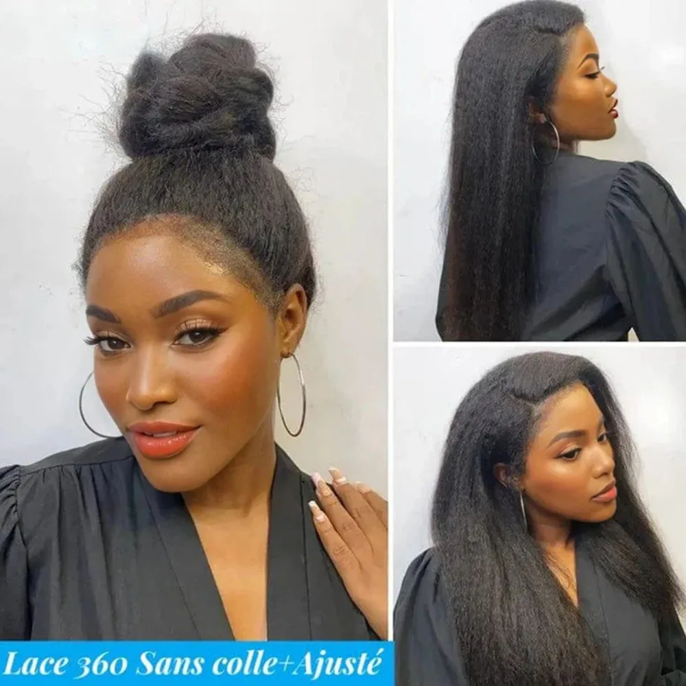 4C kinky Edges Kinky Straight Invisible Drawstring 360 Full HD Lace Front Wig Yaki Straight Glueless Wigs Human Hair Frontal Wig 3