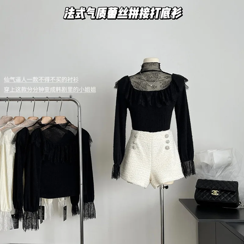 

Женский трикотажный свитер с кружевом, облегающий пуловер с воротником-стойкой, осень