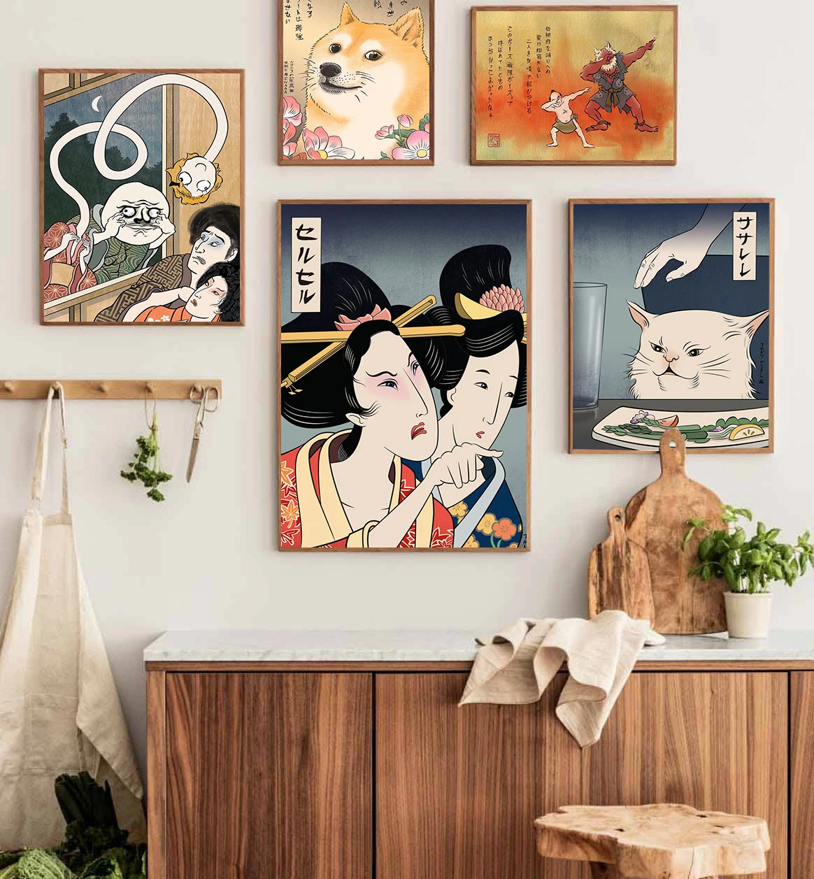 

Funny Cute Canvas Painting Japanese Geisha Woman Yelling At Cat Posters and Prints Wall Art Pictures for Living Room Bedroom