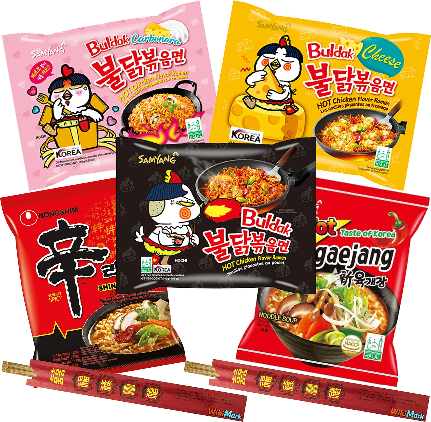 Lote 5 Ramen Coreano y 2 Palillos de Bambú WikiMark. Incluye Samyang Noodles Carbonara, Samyang Cheese, Samyang Hot Chicken, Samyang Hot Taste of