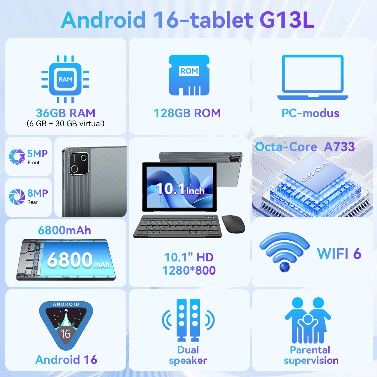 G13L Gray 10.1 Inch Android 16 Tablet PC Octa‑Core Processor 36GB(6+30GB Virtual) 128GB ROM 1TB Expand WiFi6 6800mAh Fast Charging 5MP+8MP Dual Camera Full Accessory Bundle Keyboard Mouse Stylus Case Headset Business Learning Tablet US Local Warehouse