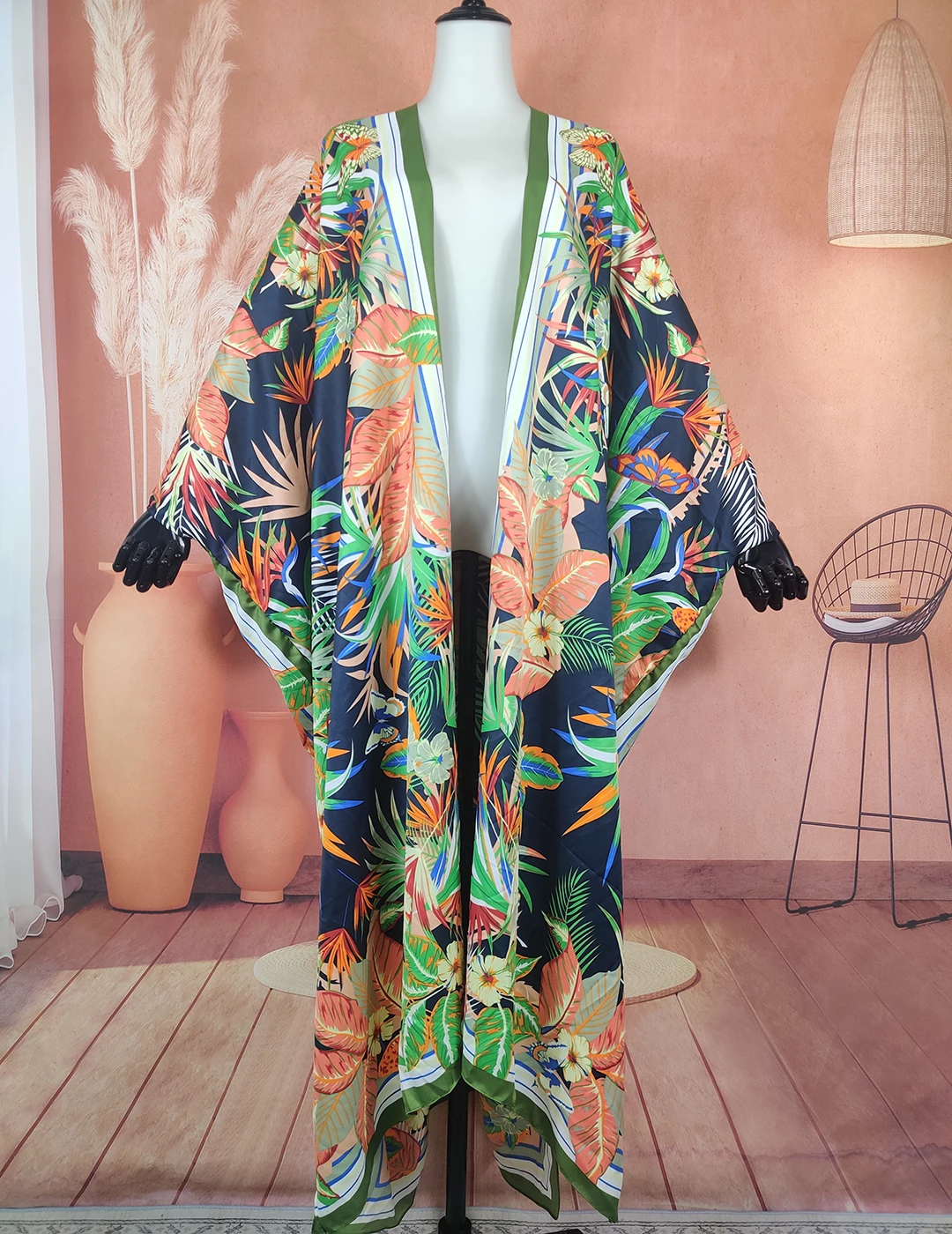 Kuwait New Traditional Twill Silk Floral Open Front Women's Bohemian Long Kiomonos Summer African Lady Swimwear Duster Coat