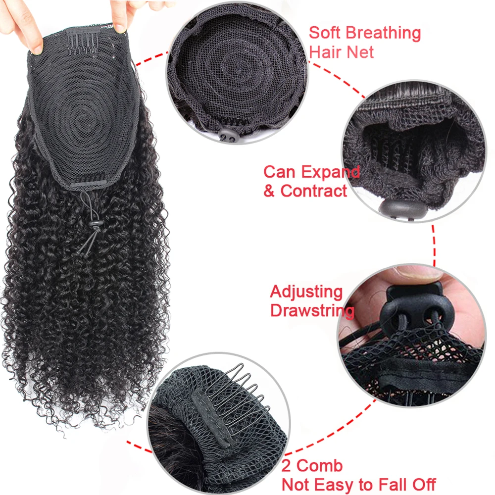 Drawstring Kinky Curly Ponytail com grampos brasileiros, cabelo humano, extensões indianas Remy do cabelo, cauda do pônei para mulheres negras