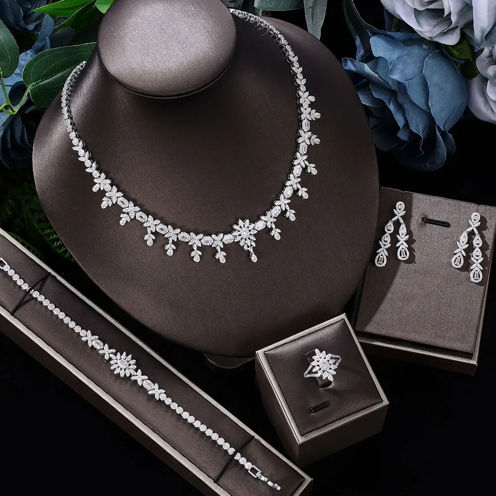 

Luxury 4 Piece Bridal Wedding Jewelry Set for Women Flower Butterfly Cubic Zirconia Necklace Earrings Ring Bracelet Accessories