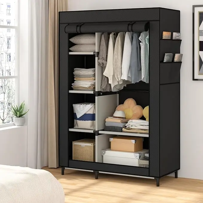 Portable Closet Organizer - 6 Shelves & Hanging Rod - Non-Woven Fabric Cover with 4 Side Pockets - Black - Compact Clothing 4