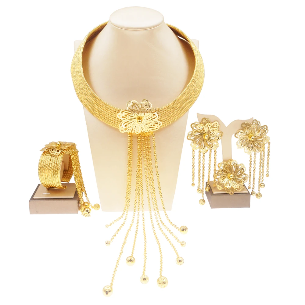 

Brazilian Gold Plated Jewelry Sets For Women 24K Original Luxury Round Necklace Drip Long Pendant Wedding Dinner Bijoux