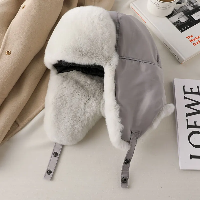 

Women's Winter Fur Hat Natural Rex Rabbit Fur Russian Ushanka Hats Winter Thick Warm Ears Fashion Bomber Cap S2773