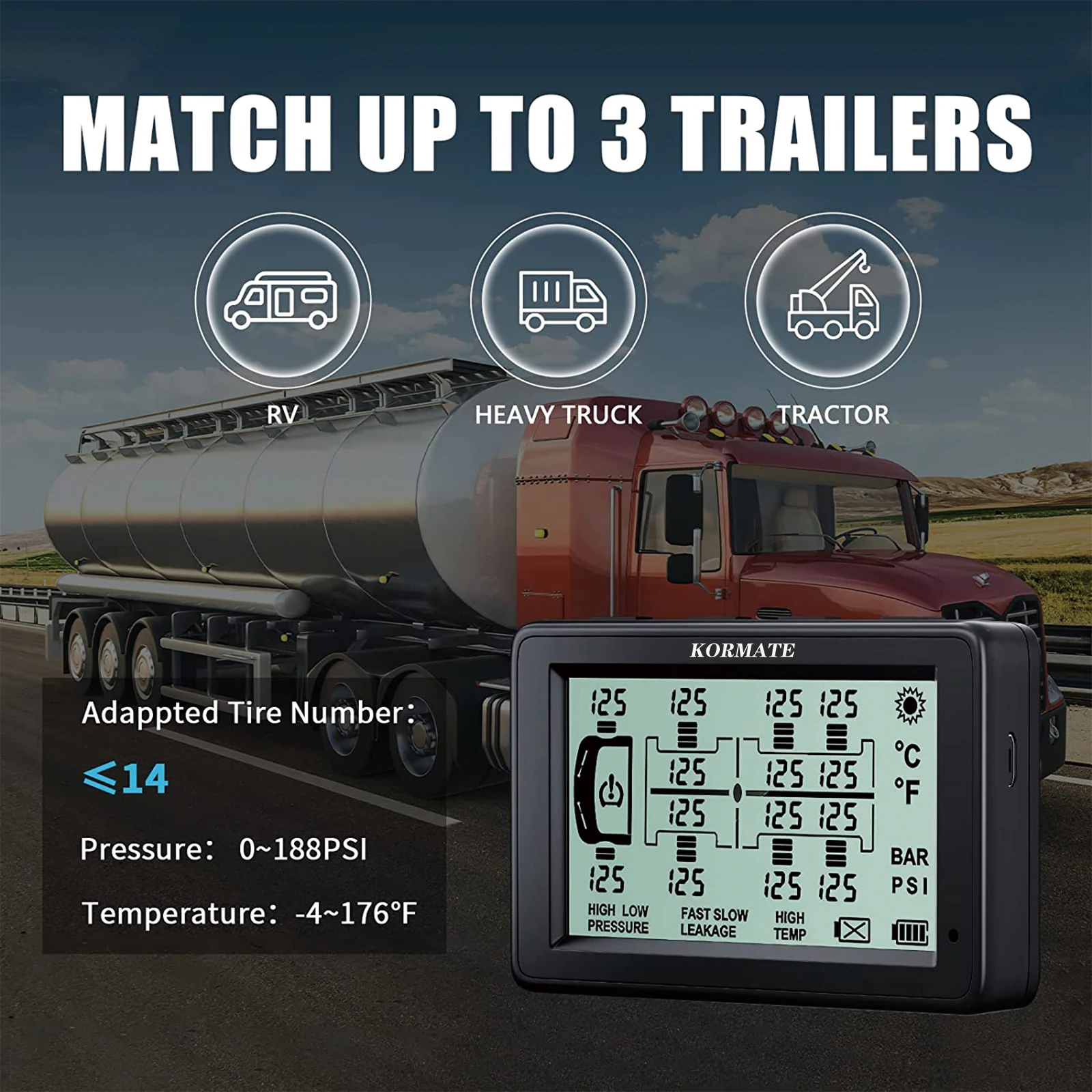 Truck TPMS, Real-time 12 Tires Pressure and Temperature Are Displayed Simultaneously, Fast Leakage Warning,Visible&Audible Alert