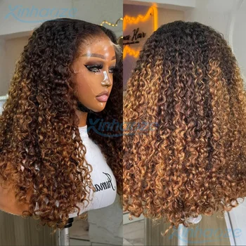 Afro Kinky Curly Brown Blonde Human Hair Glueless 13x4 Silk Base Wigs Natural Hairline With Bleached Knots 5x5 Silk Base Wigs