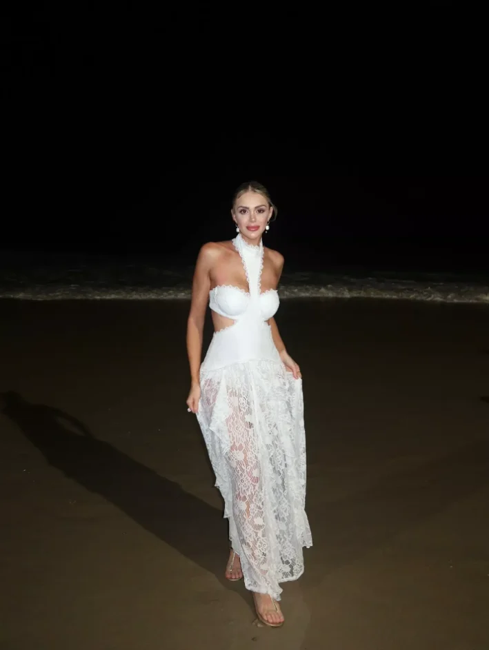 Sexy Lace Patchwork Dress Women Hollow Out Sleeveless Party Club Long Skirt See Through Halter Evening Gown Vacation Lady Robes photo review