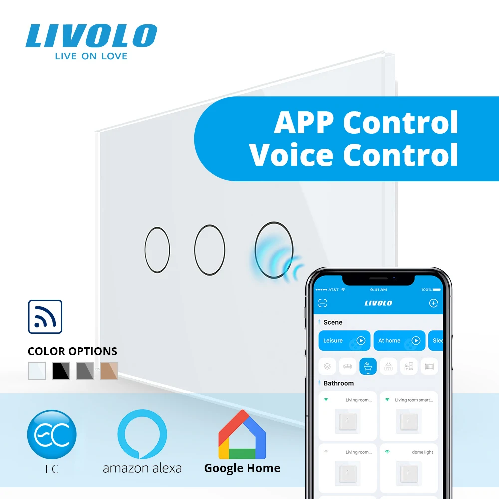 

LIVOLO US 3Gang 1Way 1A Smart EC Wall Light Touch Switch,Wireless APP Google Home Alexa Device,silent mode no click sound