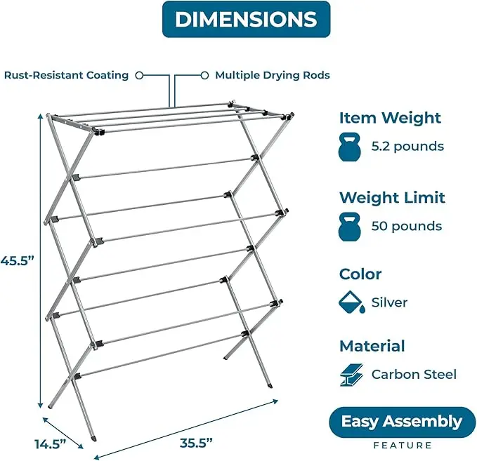 Collapsible silver drying rack with 50lb capacity. Sturdy steel, foldable for indoor/outdoor use. Space-saving and portable. 6