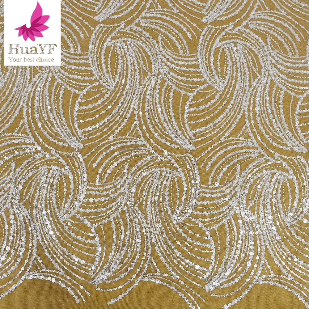 

1 Yard Hot Sale French Soft Beads Tulle Lace With Sequins Fabric For Women Party Dress HY2108-1