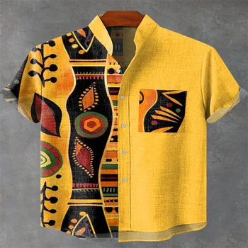 Men's Retro Art Shirt Abstract Geometric Retro Print Casual Linen Short Sleeve Shirt Beach Vacation Men's Wear