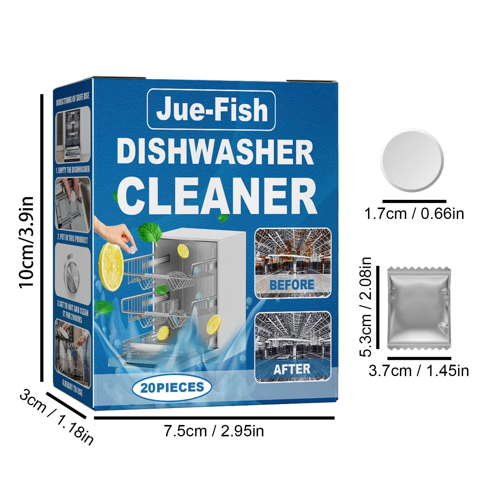Jue Fish 20pcs Dishwasher Cleaner Tablet Clean Kitchen Tableware Removes Limescale Build Oil Stain Dishwasher Washing Tablets