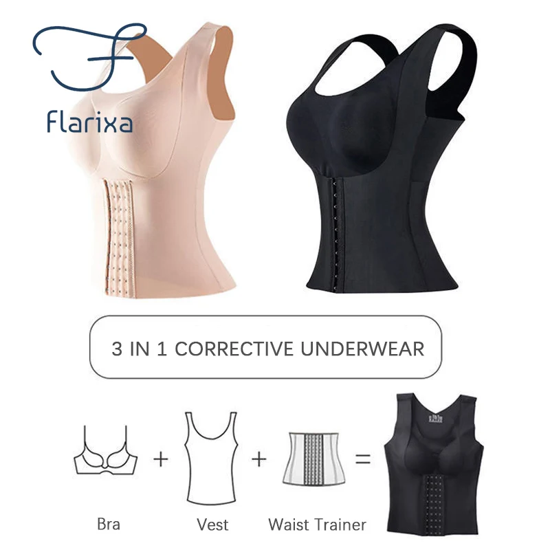 Flarixa 3 in 1 Waist Trainer Body Shaper Women Posture Corrector Push Up Bra Slimming Underwear