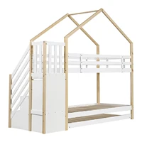 Lit superposé en forme de maison Comanlai avec escalier rangement et tiroir-lit, bois blanc/naturel, barrières de sécurité, lit triple 8
