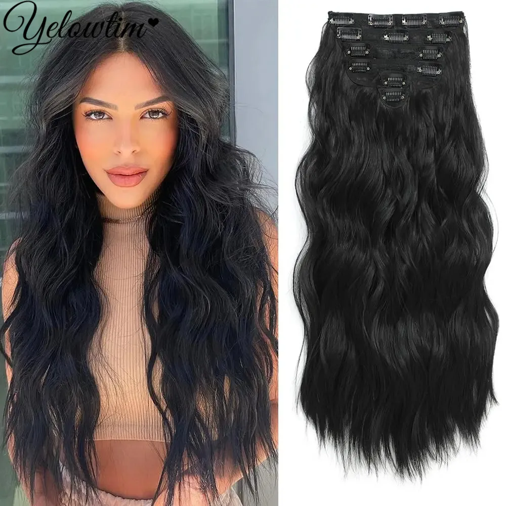 Hair Extensions 7Pcs/Set 30Inch Synthetic Hair Clip In Long Wavy Thick Hairpieces For Women Full Head Synthetic Hair Extensions Ombre