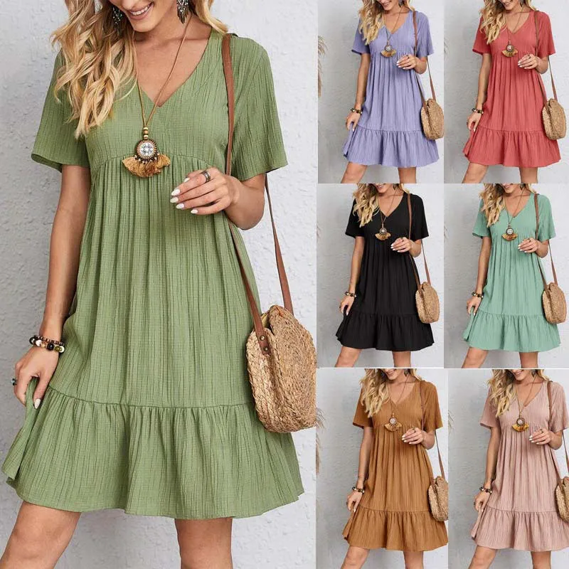 

Women Short-Sleeved Dress V-Neck Basic Summer Fashion Casual Party Beach Holiday Mid Dress Women's Overalls Female Clothes