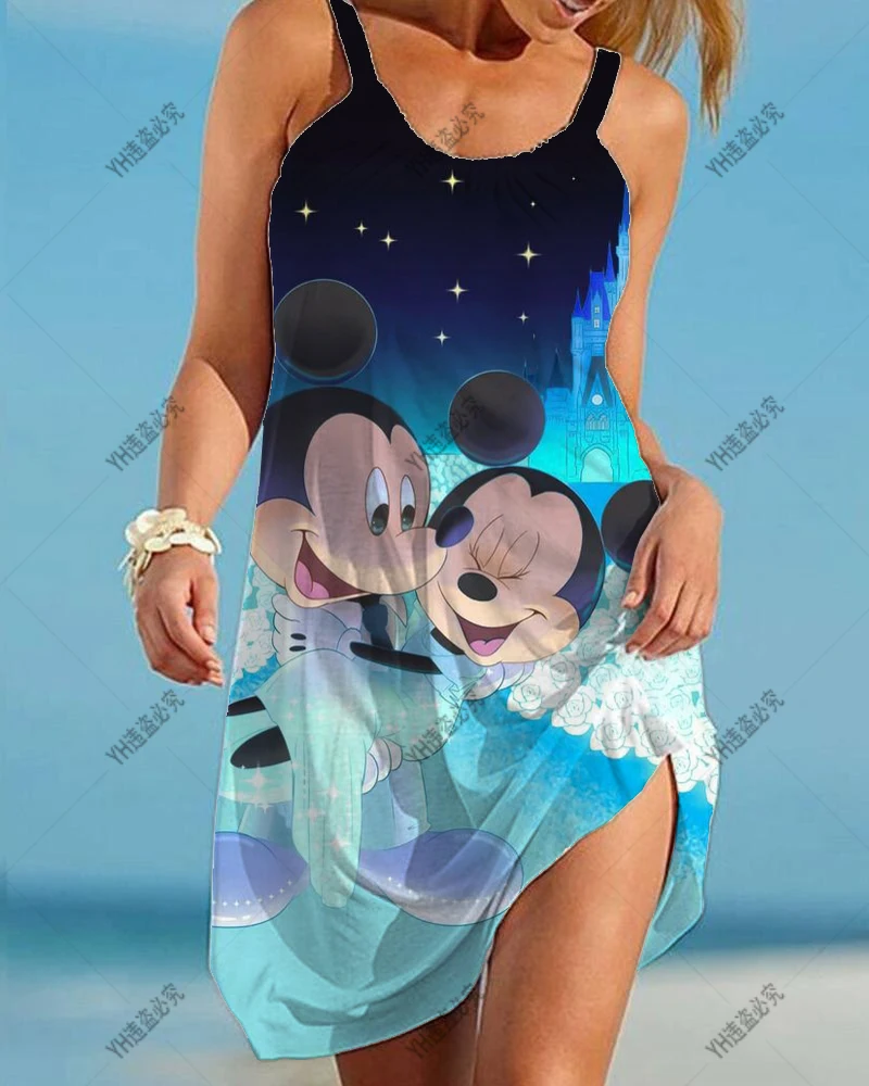 

Disney Minnie Mouse Dress 2023 Summer Women's Sexy O Neck Floral Print Bohemian Beach Dress Sleeveless Loose Mini Dress
