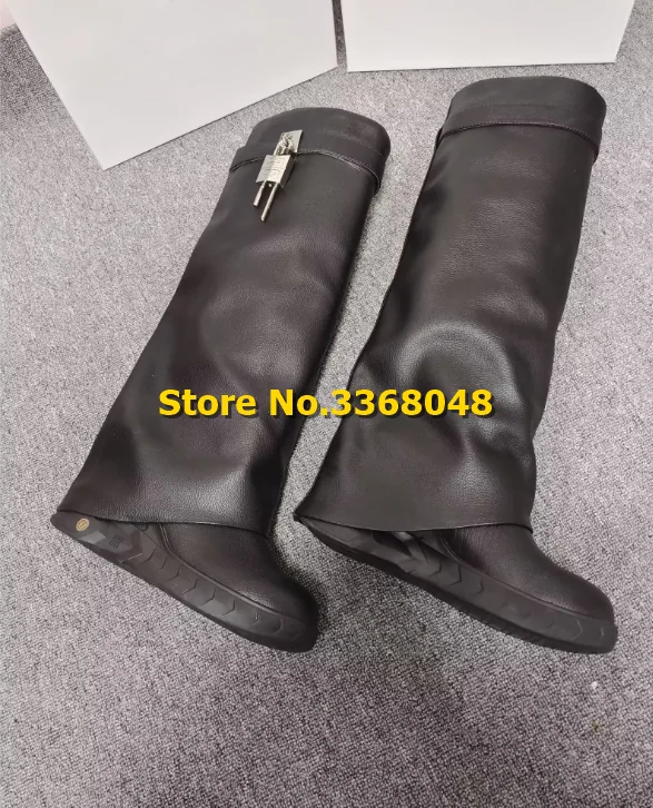Black Leather Shark Boots Mid Calf Metal Decor Slip On Turn Over Round Toe Real Picture 2022 New Arrivals Fashion Boots