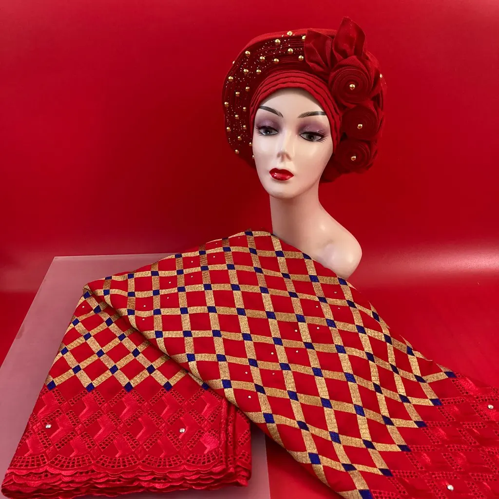 

5Yards High Quality 100% Cotton Swiss Voile Dry Lace Match Auto Gele Headtie Aso Oke Scarfs Fabrics 1Pcs For Nigeria Lady Dress