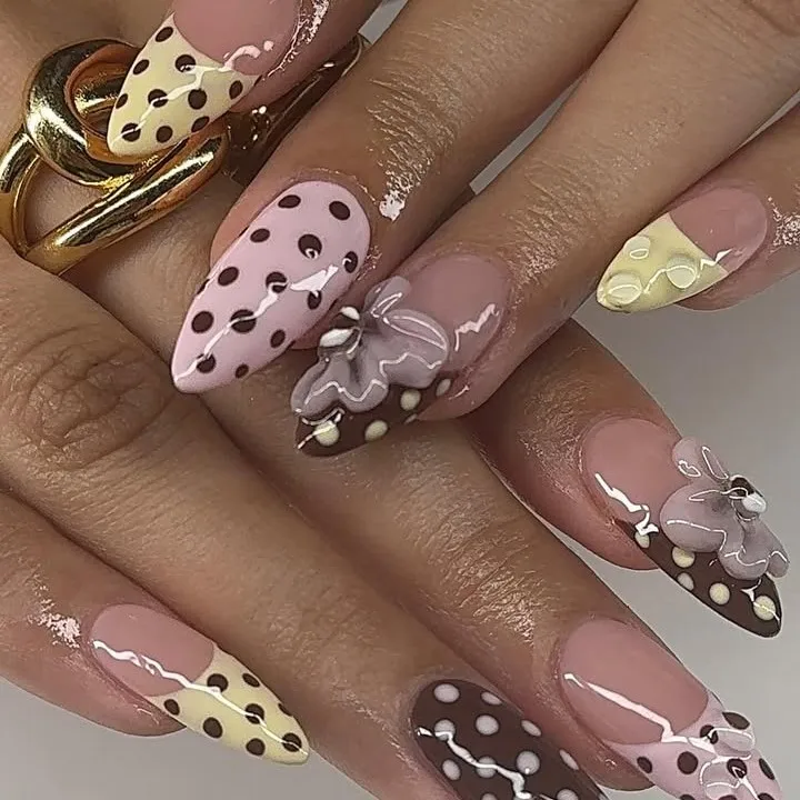 Summer Chic Polka Dot Press-On Nails with 3D Floral Accents in Pink, Yellow, and Brown French Tips