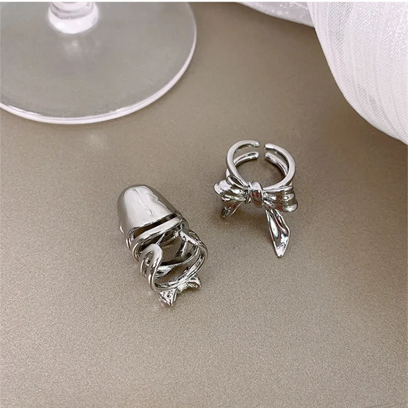 Japan and South Korea Fashionable Double Metal Streamer Bowknot Nail Ring Girl Nightclub Party Hip Hop Punk Finger Nail Jewelry