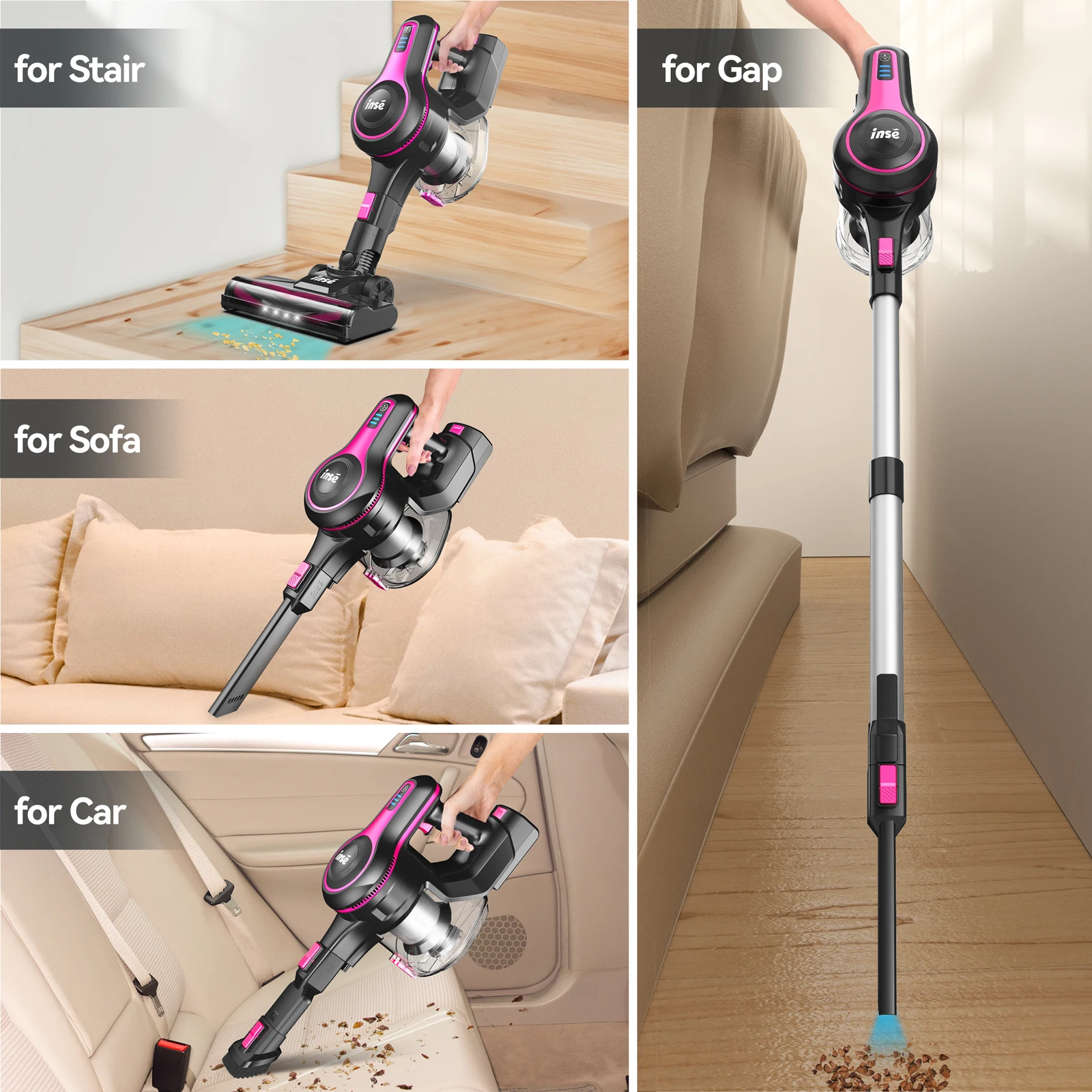 INSE N5T Cordless Vacuum Cleaner, 25Kpa 1.2L Large Dustbin, 6 in 1 Handheld Vacuum for Household Cleaning 2