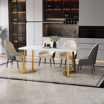 Tavolo da pranzo, vassoio in marmo, struttura in metallo, tavolo rettangolare moderno per cucina o soggiorno, bianco + oro/nero 1