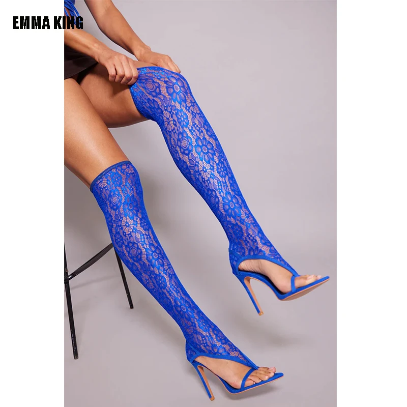 

2022 Summer New Style Elastic Boots Stockings Over The Knee Boots Mesh Hollow Sexy Women Shoes Pointed Toe Stiletto Heel Boots