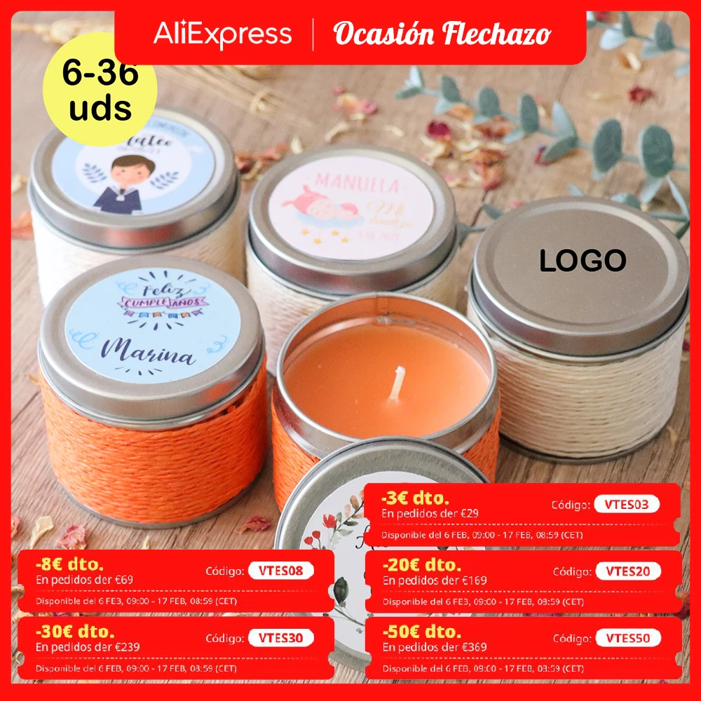 Lote 6 a 36 unidades de Velas regalo invitados personalizadas, Aroma a vainilla o naranja, Detalles para bodas con pegatina, Detalles de comunión para los invitados, Recuerdos de bautizo, Regalantes Store