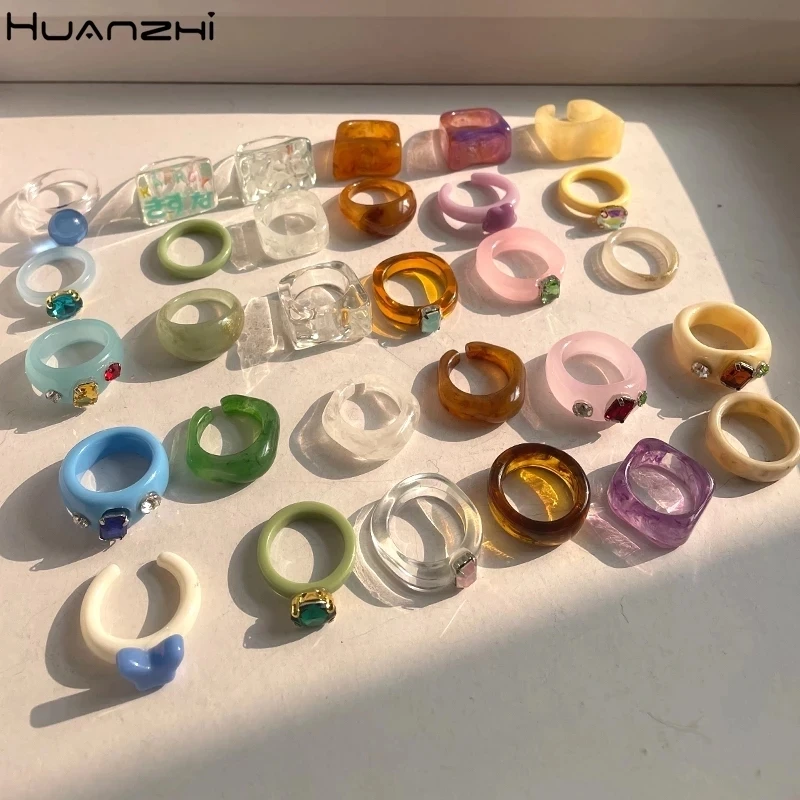 Women Ring Set Transparent Resin Acrylic Rhinestone Geometric Square Round