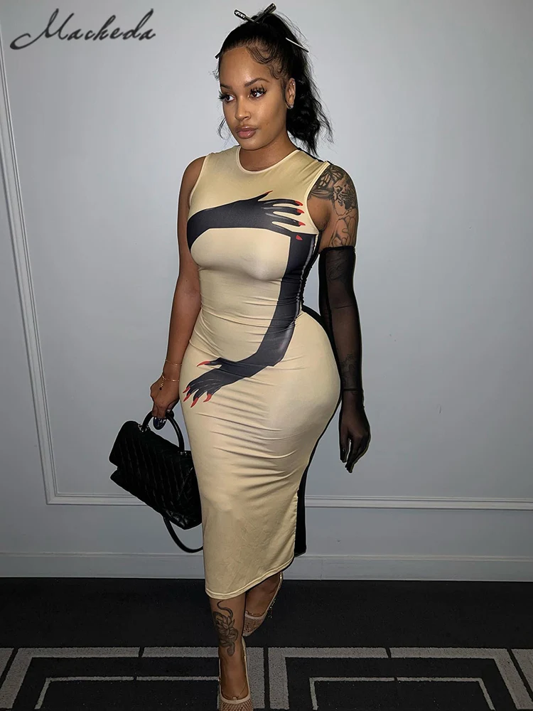 

Macheda Casual Printed Sleeveless Women Maxi Dress 2023 Summer Elegant Slim Streetwear Party Evening Long Dresses Vestidos