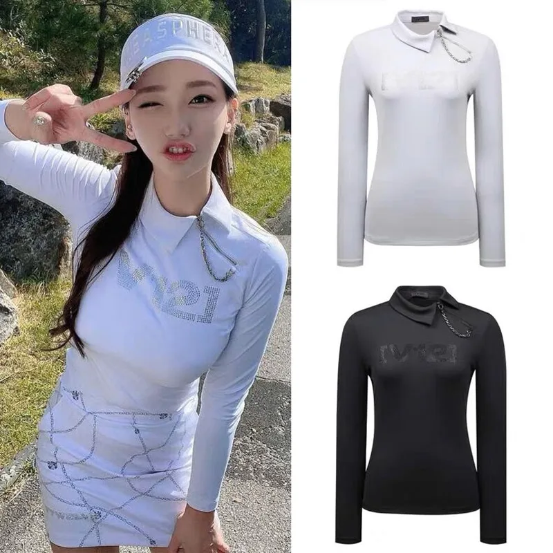 

New golf women's drill print zipper thickened long sleeve polo shirt high elastic thickened fashion sexy trend