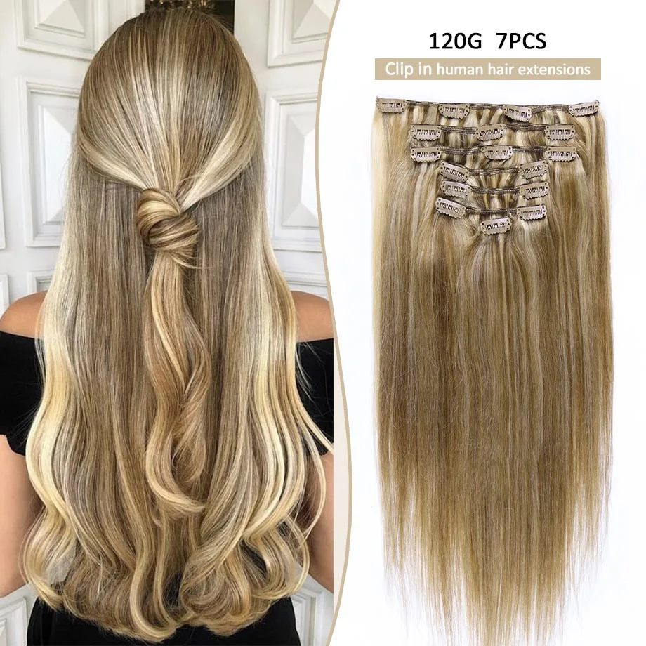 

Full Head Clip In Hair Extensions Human Hair #14/613 Blonde Highlight 120g 7Pcs Seamless Straight Invisible Human Hair Extension