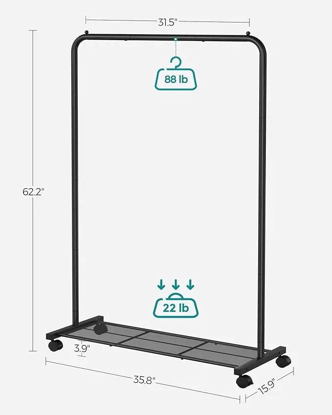 Clothes Rack with Wheels, Black Finish, Includes Storage Shelf, 110 LBS Capacity, Ideal for Hanging Clothes or Garment Storage. 5
