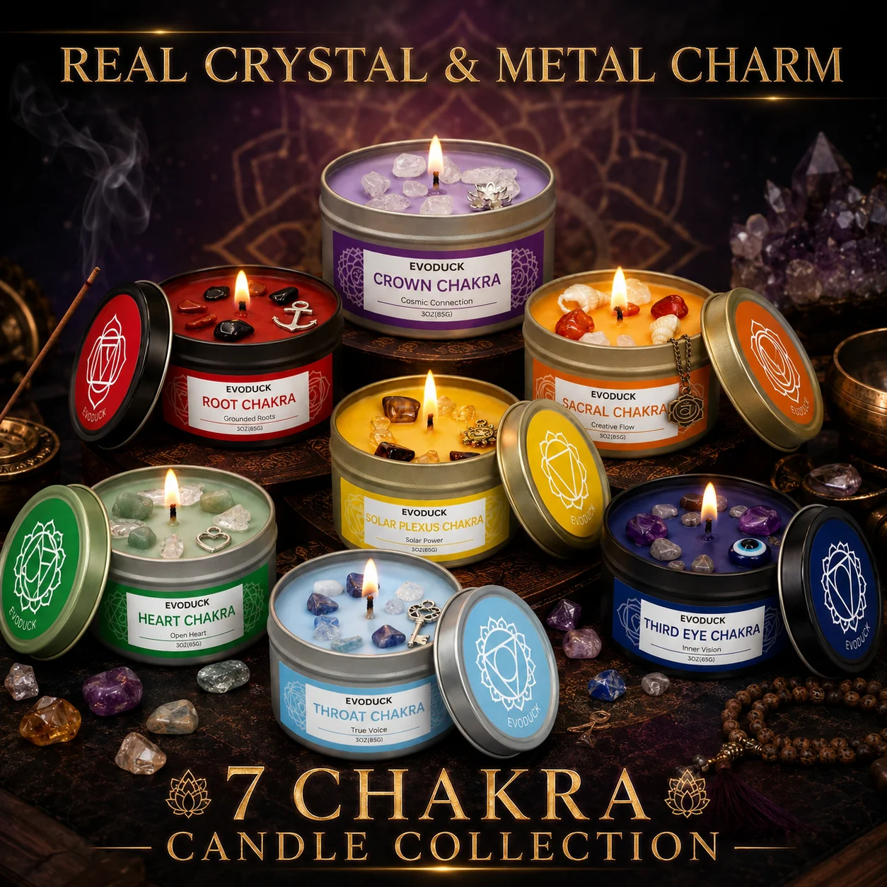 7 Chakra Scented Candle Set, 7 X 3oz Soy Wax Tin Candles with Real Crystals Metal Charms for Meditation Yoga Home Decor Gift Set