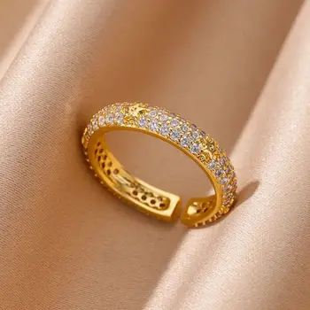 Round Pave Setting Zircon Star Rings for Women Stainless Steel Gold Color Adjustable Wedding Ring Aesthetic Jewelry Gift anillos