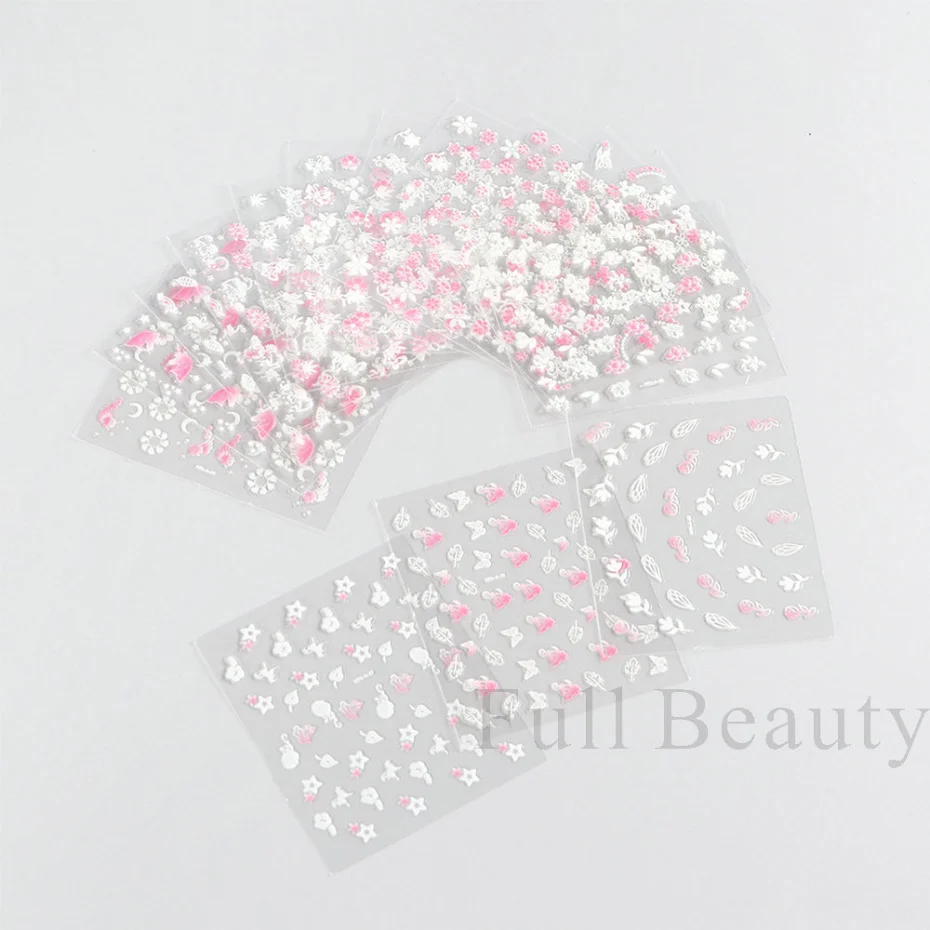 30Pcs 핑크 화이트 꽃 네일 스티커 세트 사쿠라 체리 귀여운 꽃 데칼 하트 문 나비 슬라이더 네일 참 LA3D30set-01