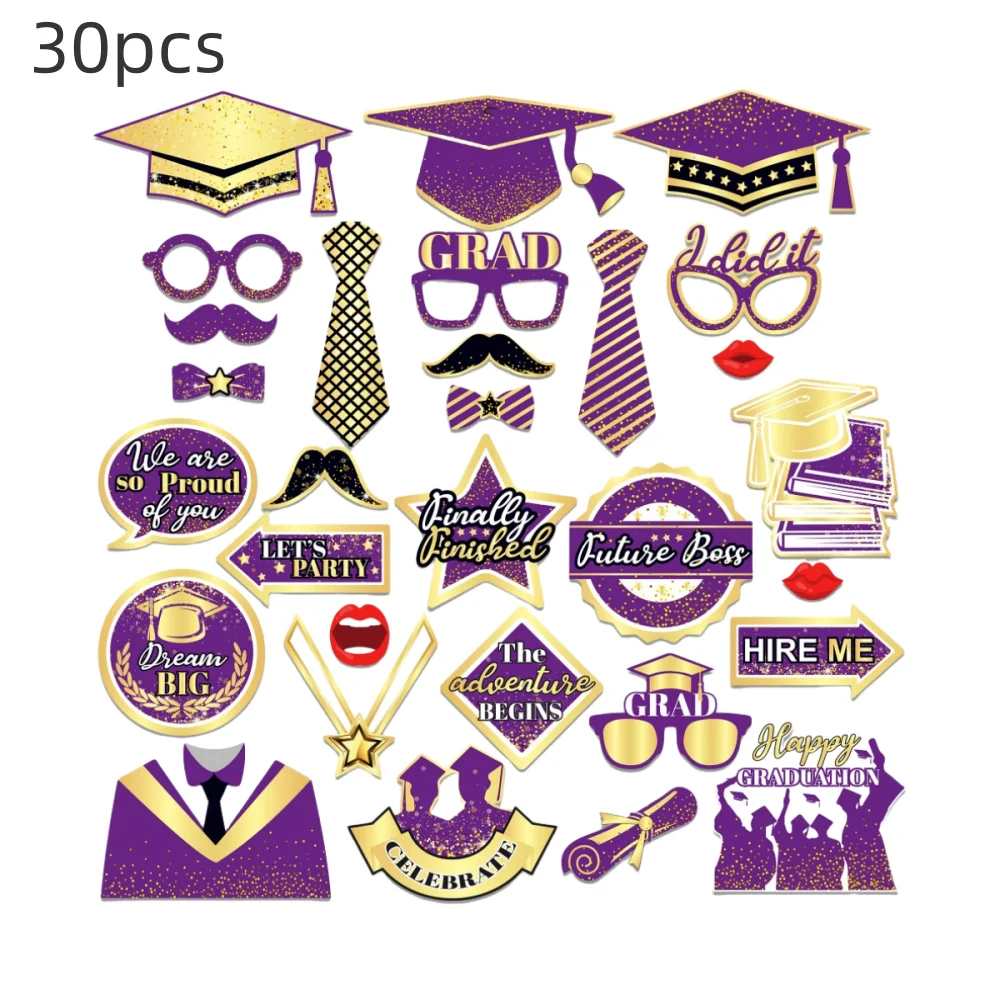 30pcs graduation season photo booth props purple paper handheld sign for graduation celebration party decorations etc.