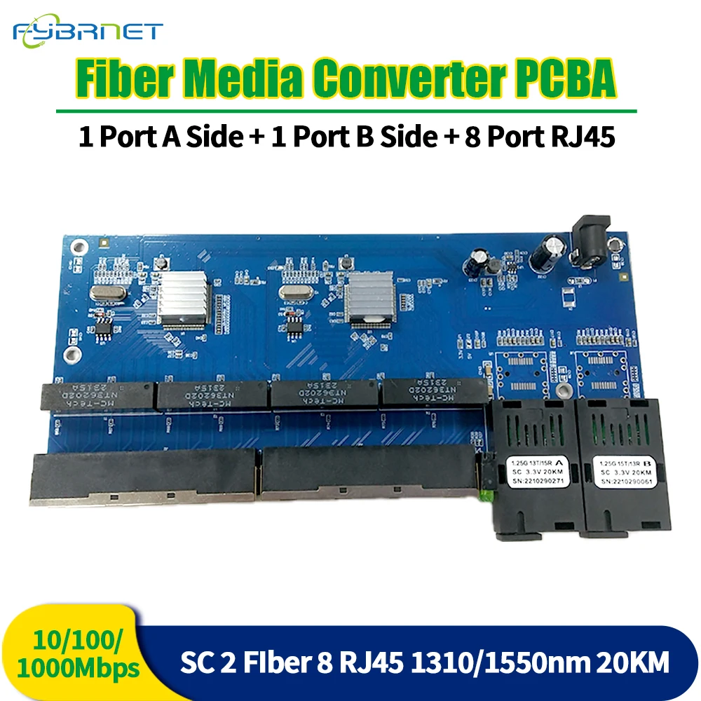 Gigabit Fiber Ethernet switch Fiber Optical Media Converter 2 port SC 8 Port RJ45 PCBA board 10/100/1000Mbps 2F8E Board PCBA