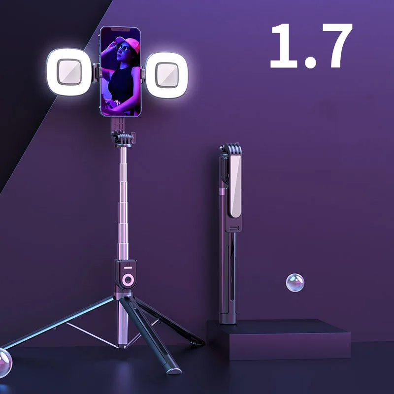 1.7M Extended Version Bluetooth Selfie Stick Double Fill Light Tripod with Remote Shutter for Android IOS Cell Phone