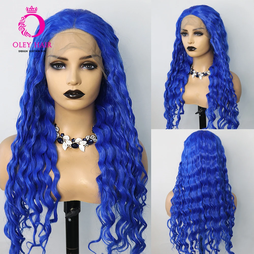 

Blue Color Loose Deep Wave Synthetic Glueless 13x4 Lace Front Heat Resistant Pre Plucked Cosplay Wigs For Black Women Drag Queen