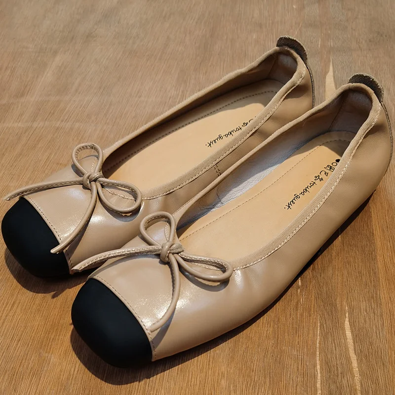 Ballet Flats Bow Square Genuine Ballet Leather Flats Square Toe