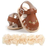 2pcs Baby Girls With Flower Decor Soft Sole Anti Slip First Walker Shoes Prewalker Shoes Summer & Headband For Newborn Infant 6